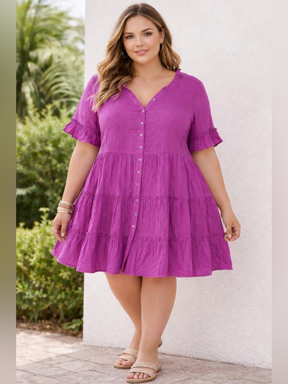 Purple Button-Front Tiered Babydoll Dress